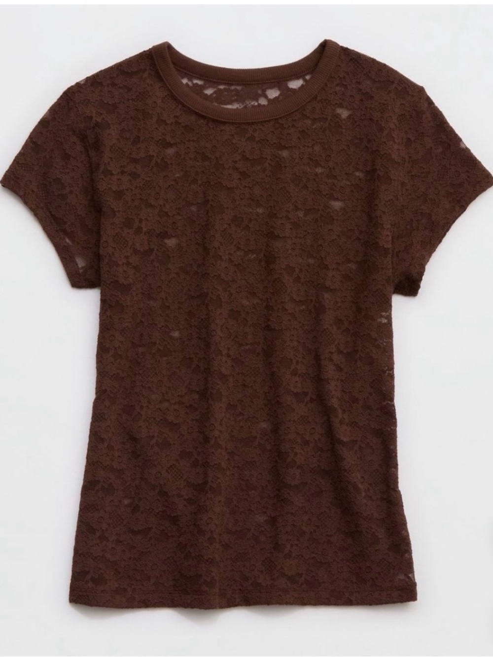 Aerie Chocolate Brown Lace Short-Sleeve Crewneck Tee